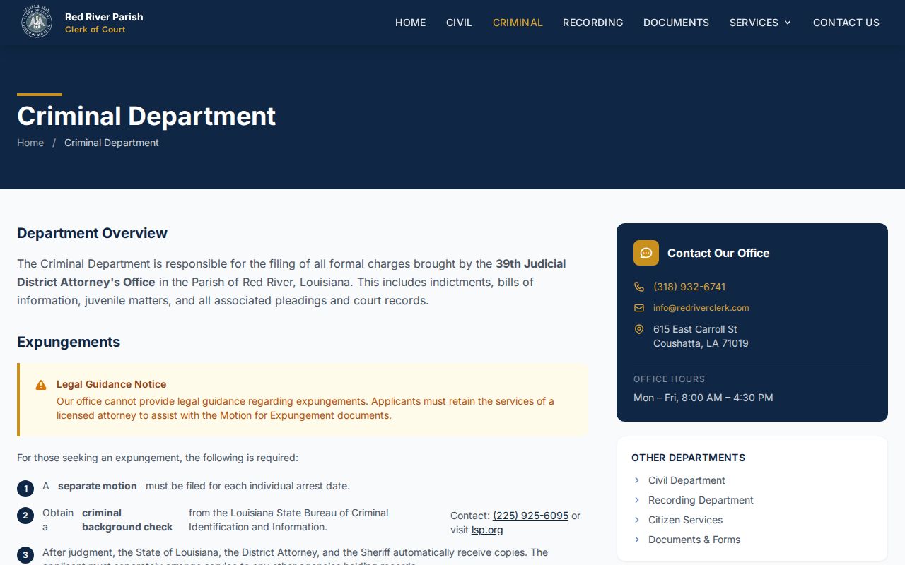 Red River Parish criminal court and expungement source for released inmate mugshots