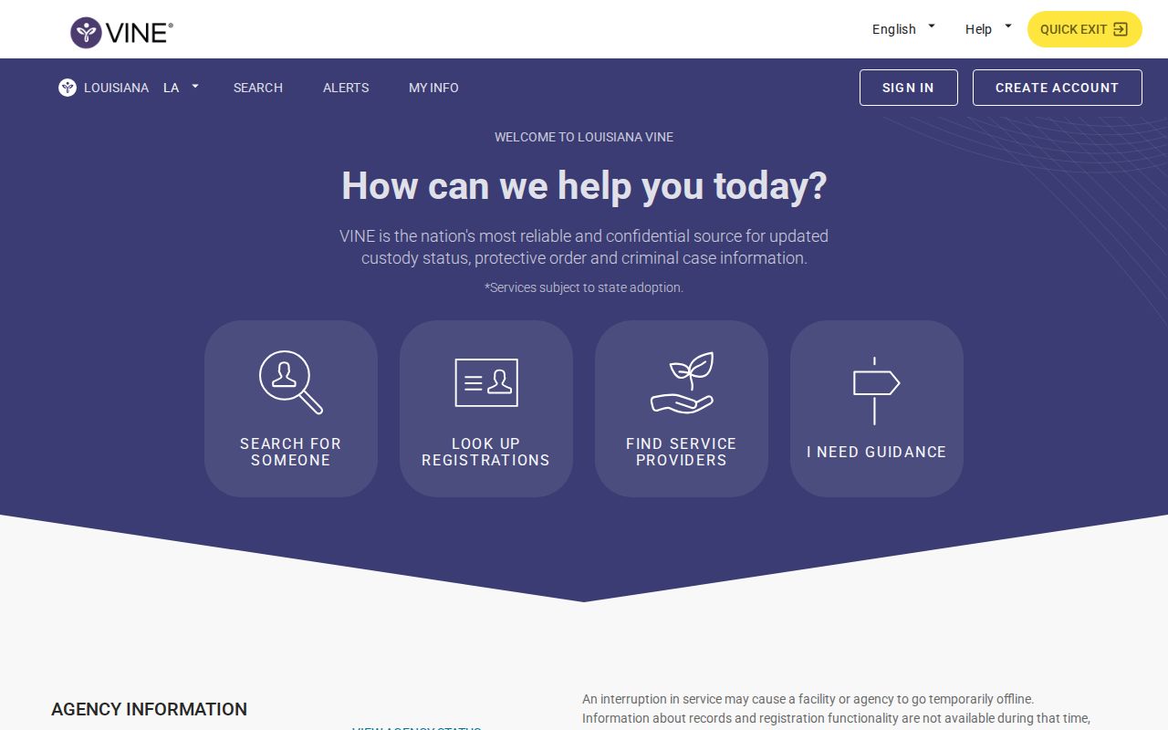 Louisiana VINELink search screen for a Red River Parish inmate check